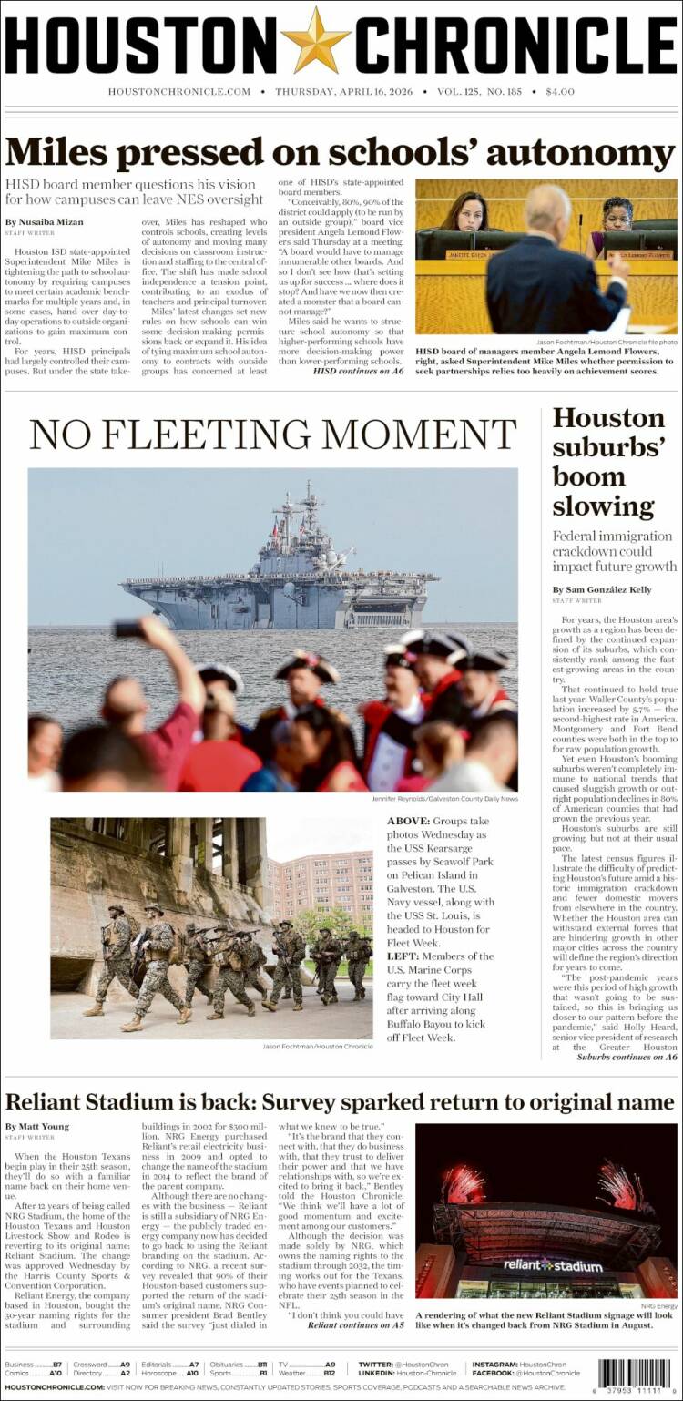 Portada de Houston Chronicle (USA)