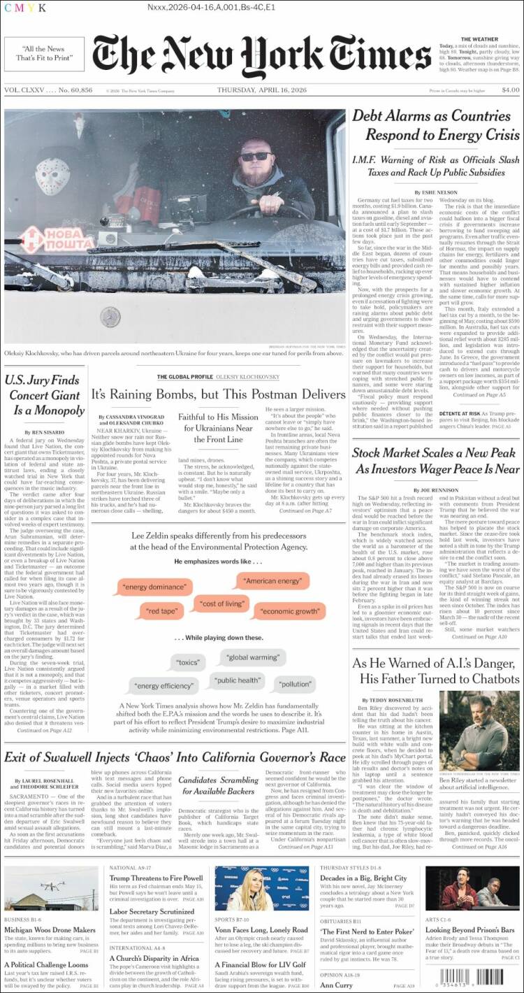 Portada de New York Times (USA)