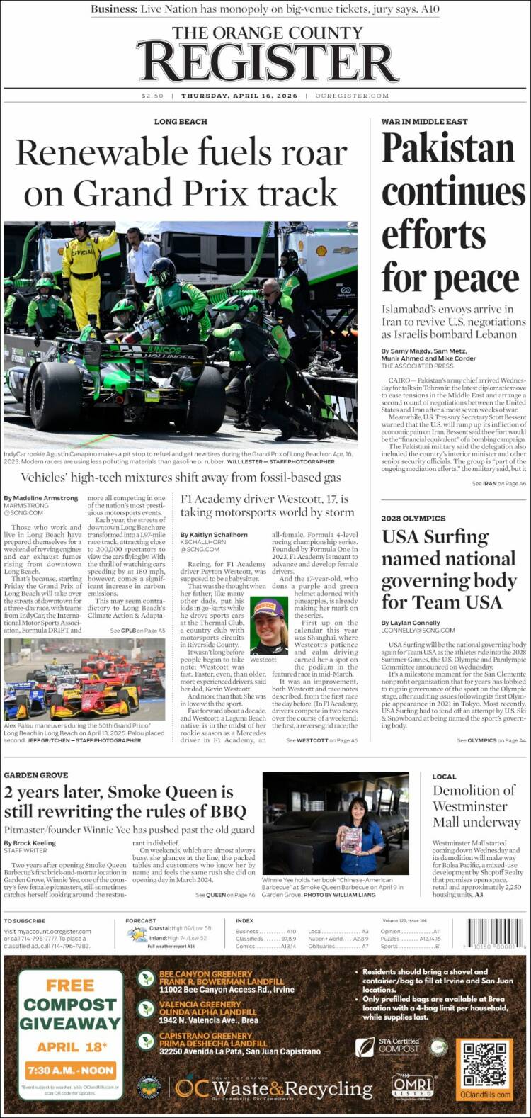 Portada de The Orange County Register (USA)