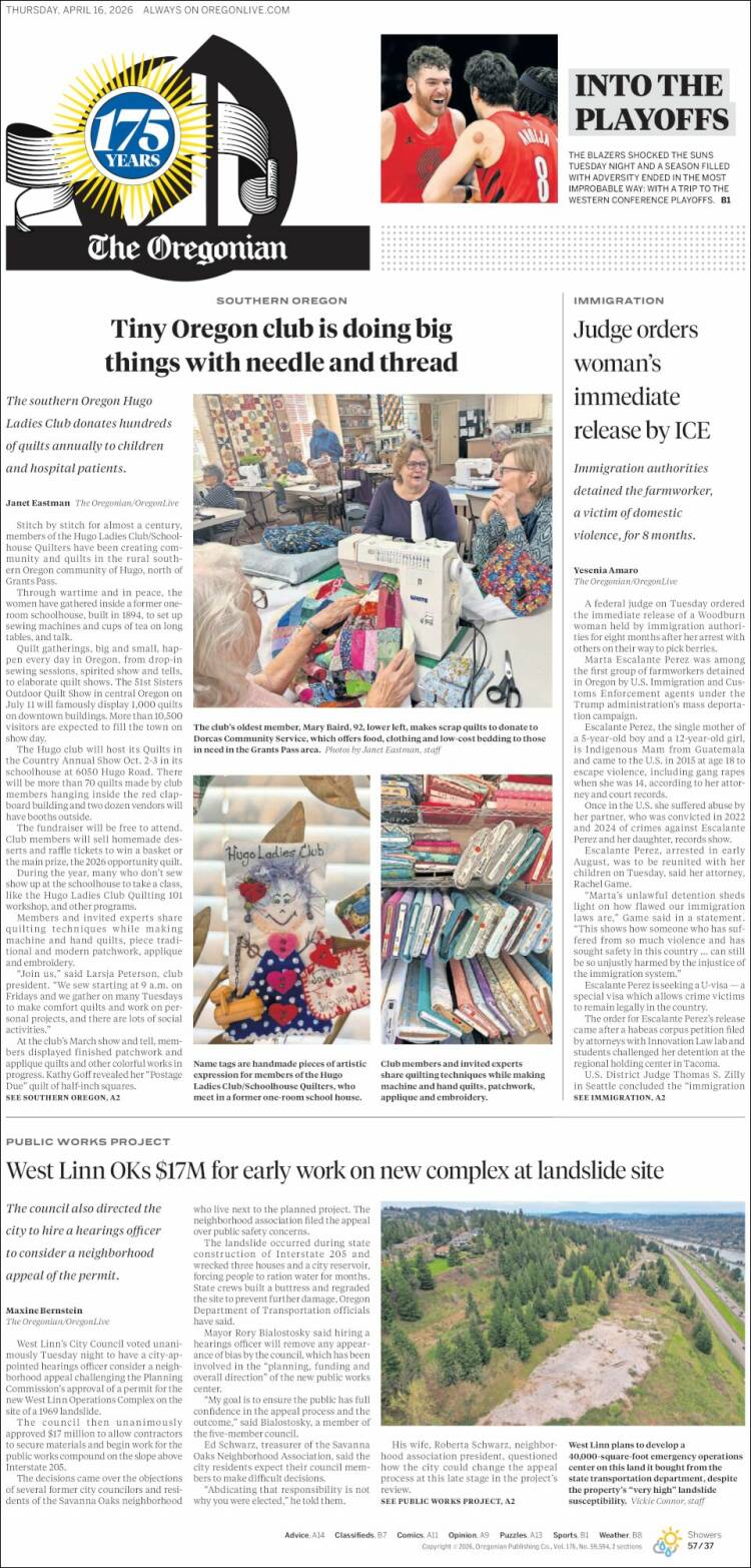 Portada de The Oregonian (USA)