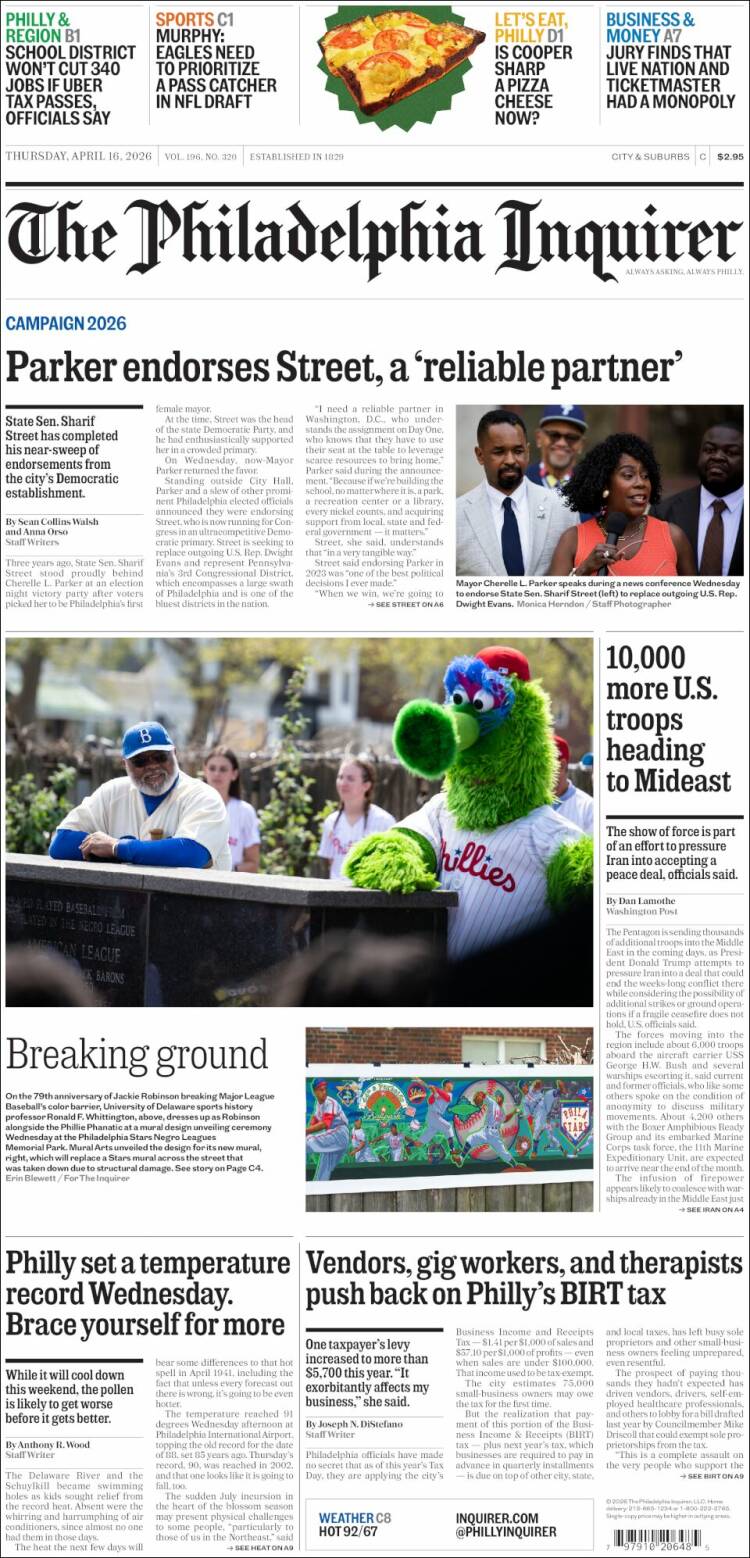 Portada de Philadelphia Inquirer (USA)