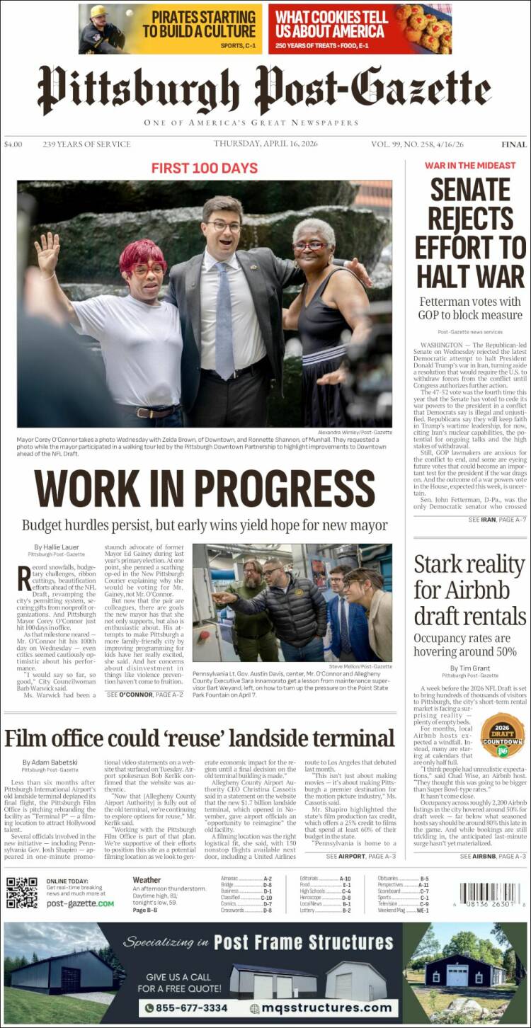 Portada de Pittsburgh Post-Gazette (USA)