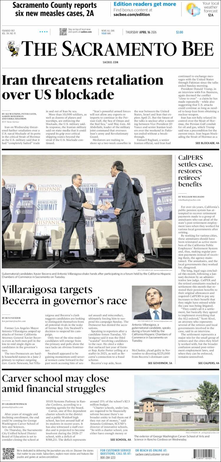 Portada de The Sacramento Bee (USA)