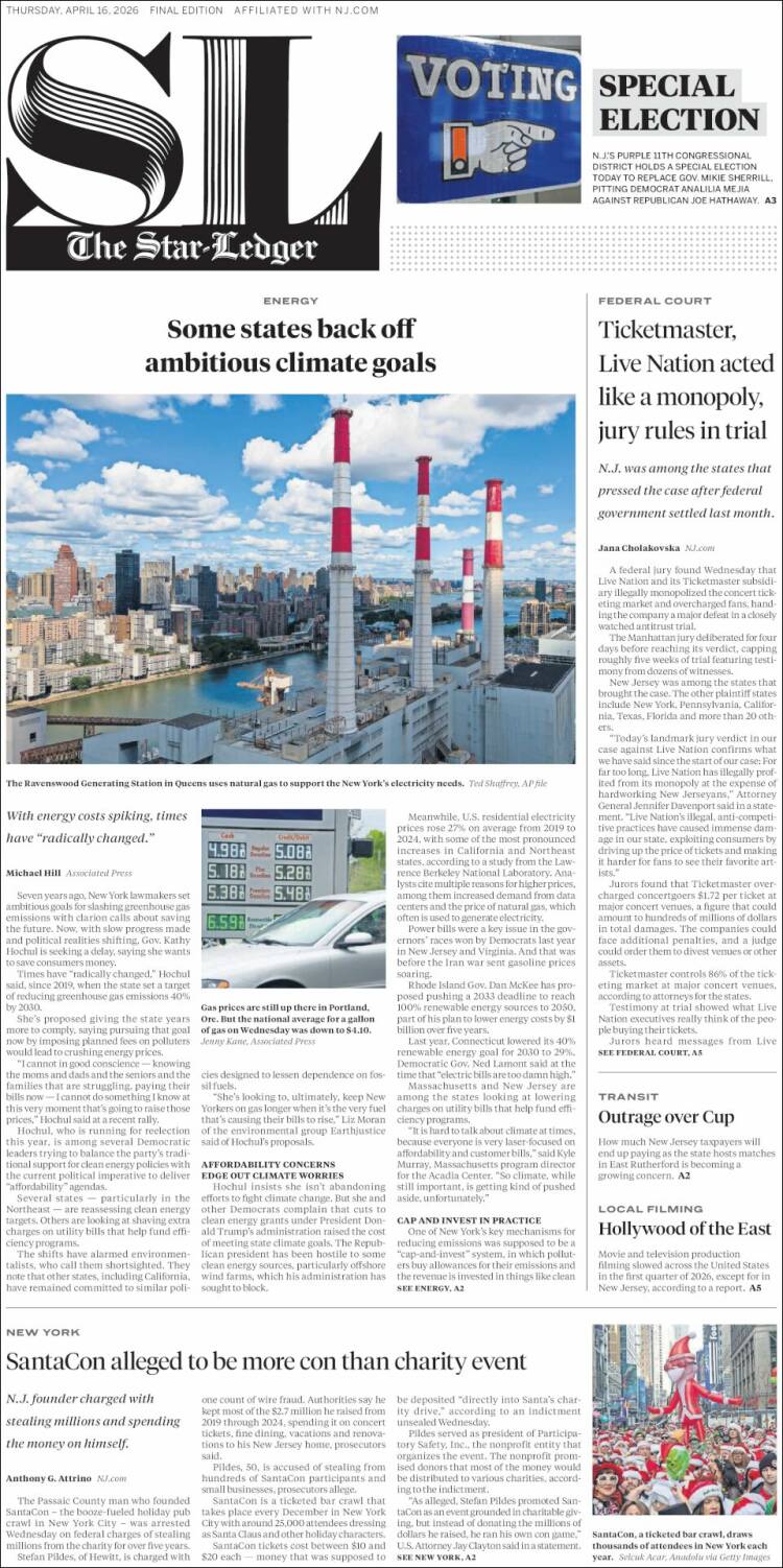 Portada de Star-Ledger (USA)