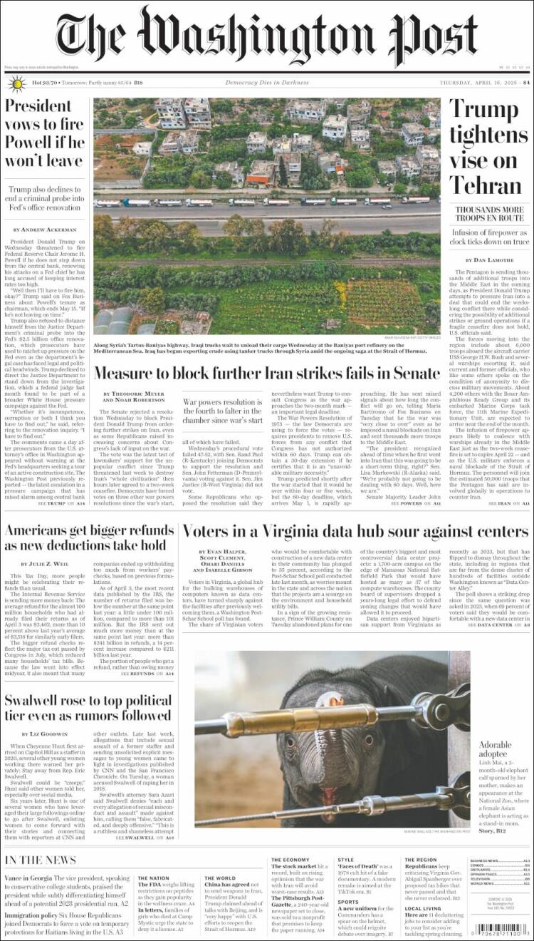 Portada de The Washington Post (USA)