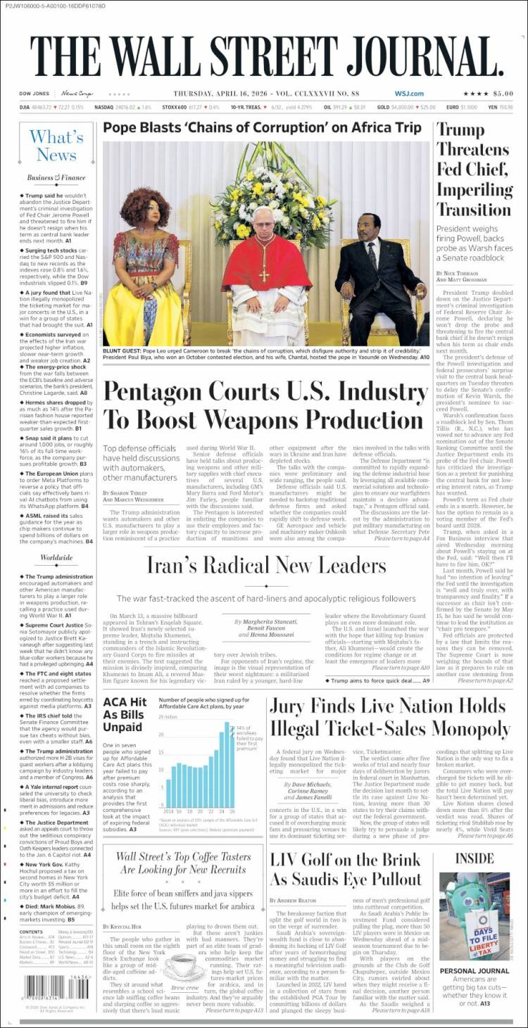 Portada de Wall Street Journal (USA)