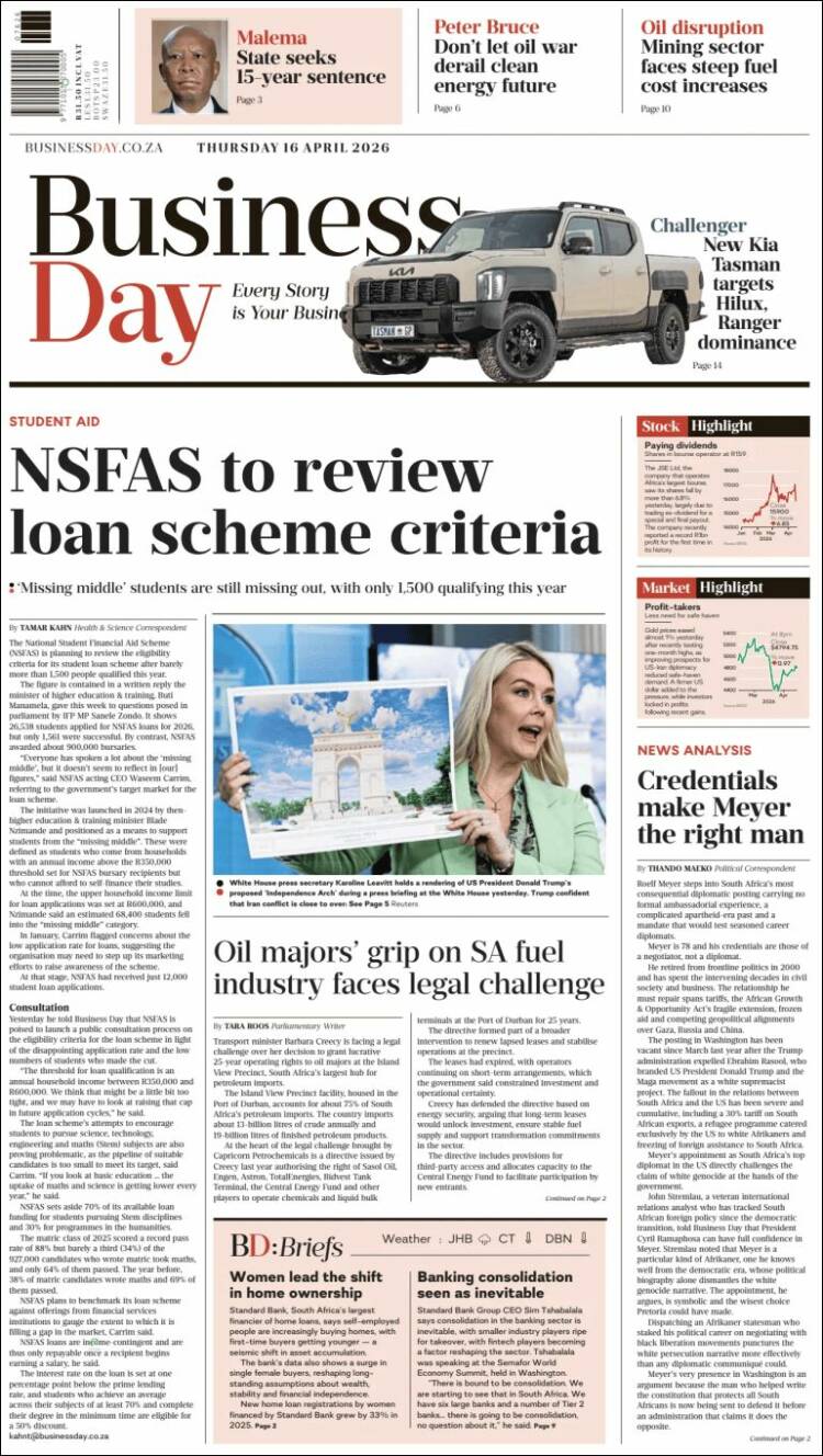 Portada de Business Day (Sud&aacute;frica)