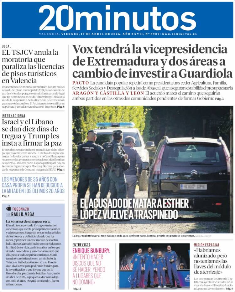 Portada de 20 Minutos - Valencia (Spain)