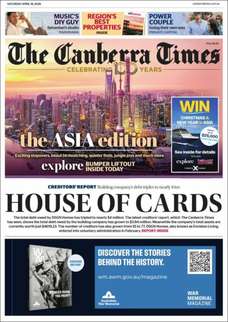 Portada de The Canberra Times (Australia)