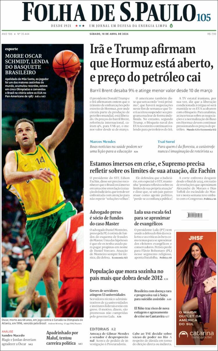 Portada de Folha de São Paulo (Brasil)