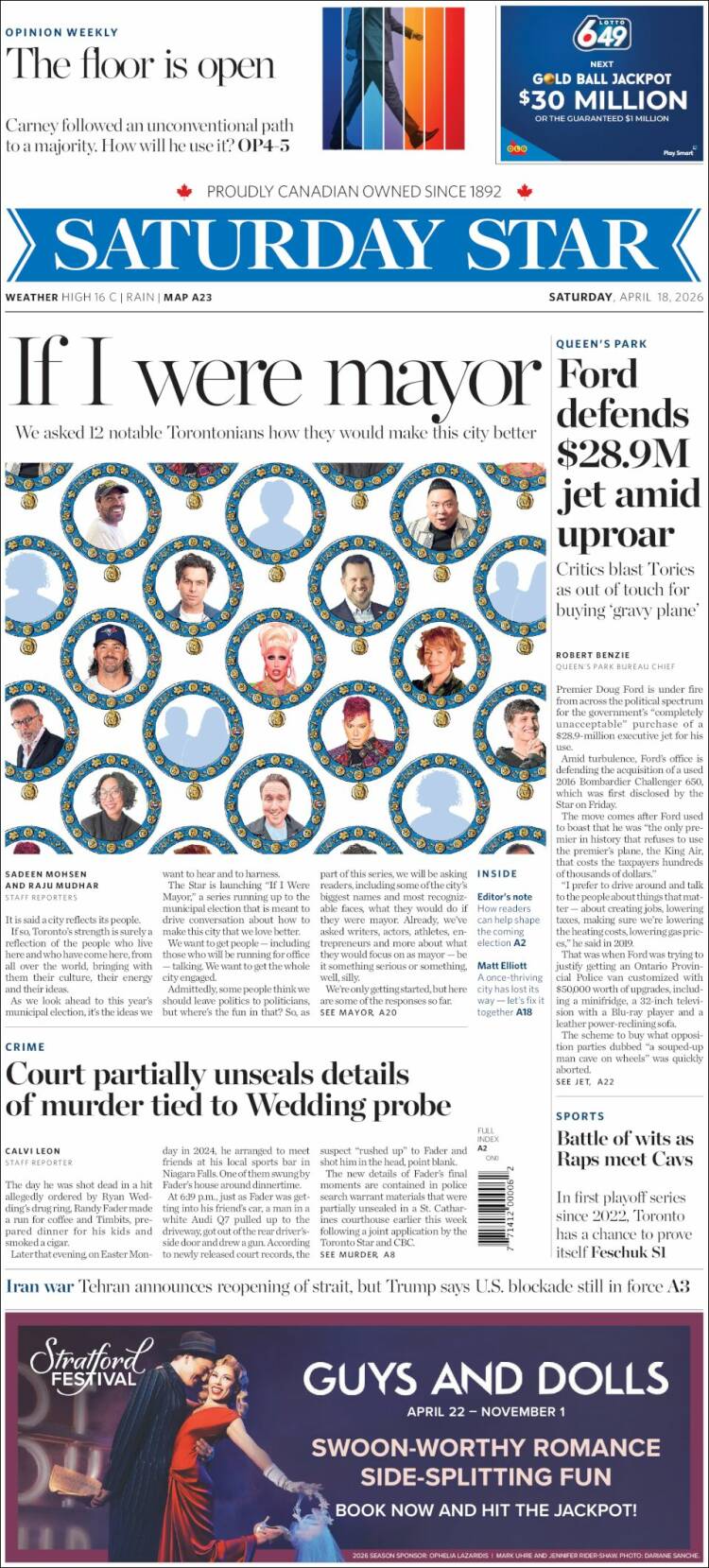 Portada de The Toronto Star (Canad&aacute;)