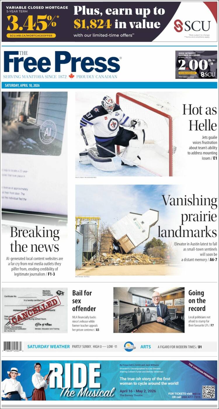 Portada de Winnipeg Free Press (Canad&aacute;)