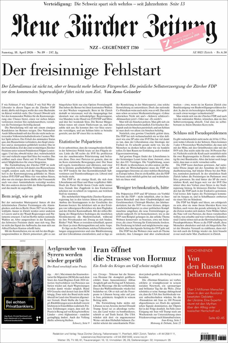 Portada de Neue Zürcher Zeitung (Suiza)