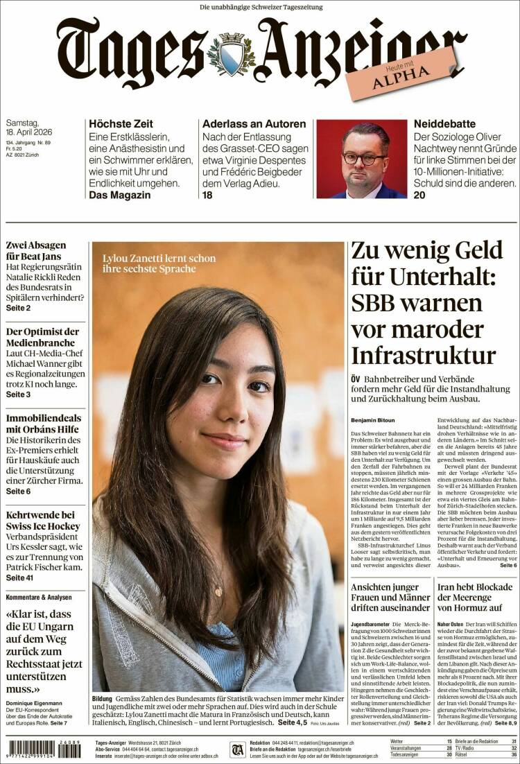 Portada de Tages-Anzeiger (Suiza)