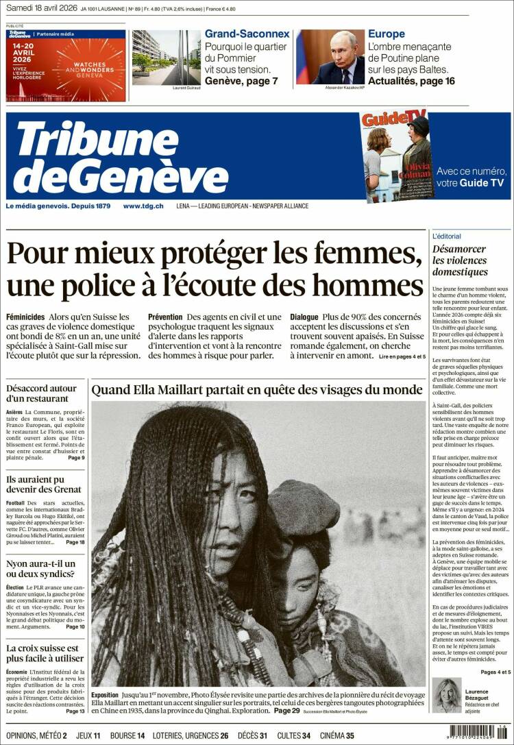 Portada de La Tribune de Genève (Suiza)