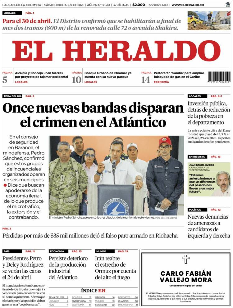 Portada de El Heraldo (Colombia)