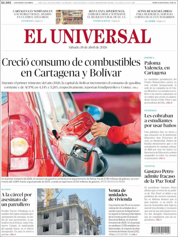 Portada de El Universal (Colombia)