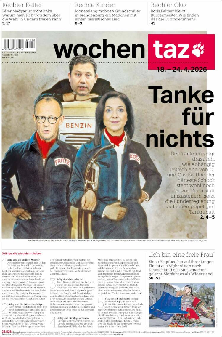 Portada de Die Tageszeitung (Allemagne)