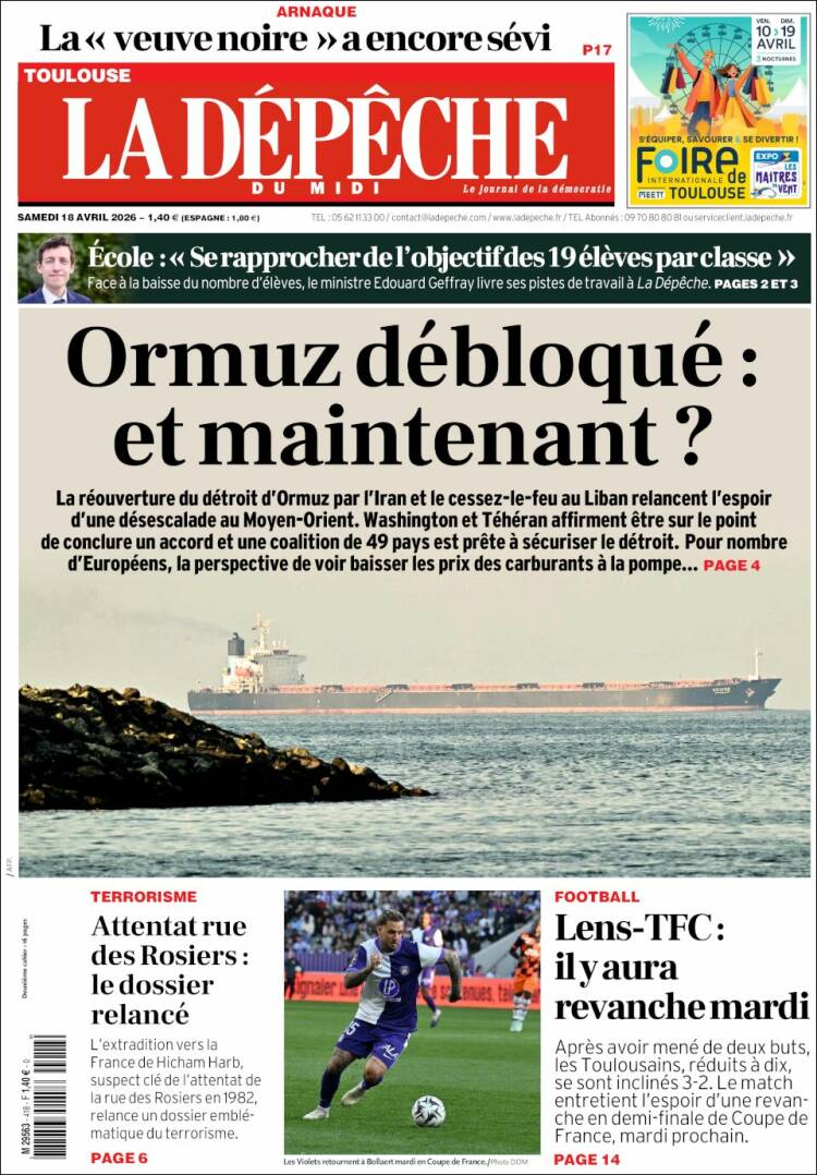 Portada de La Dépêche du Midi (Francia)