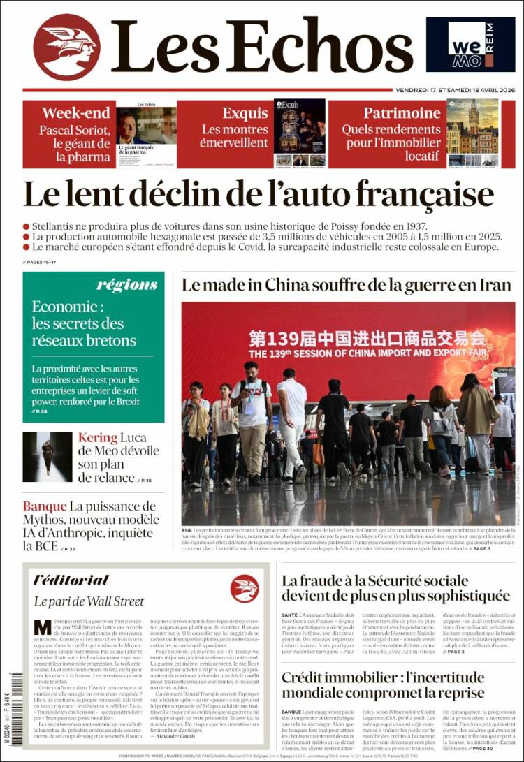 Portada de Les Echos (Francia)