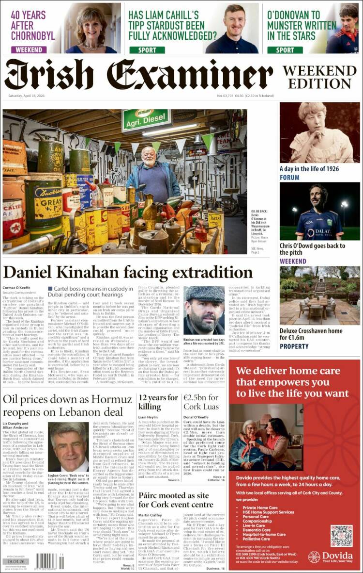 Portada de Irish Examiner (Irlanda)