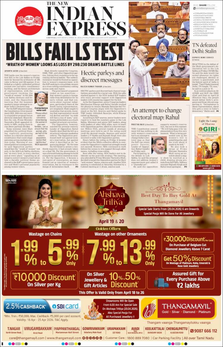 Portada de New Indian Express (India)