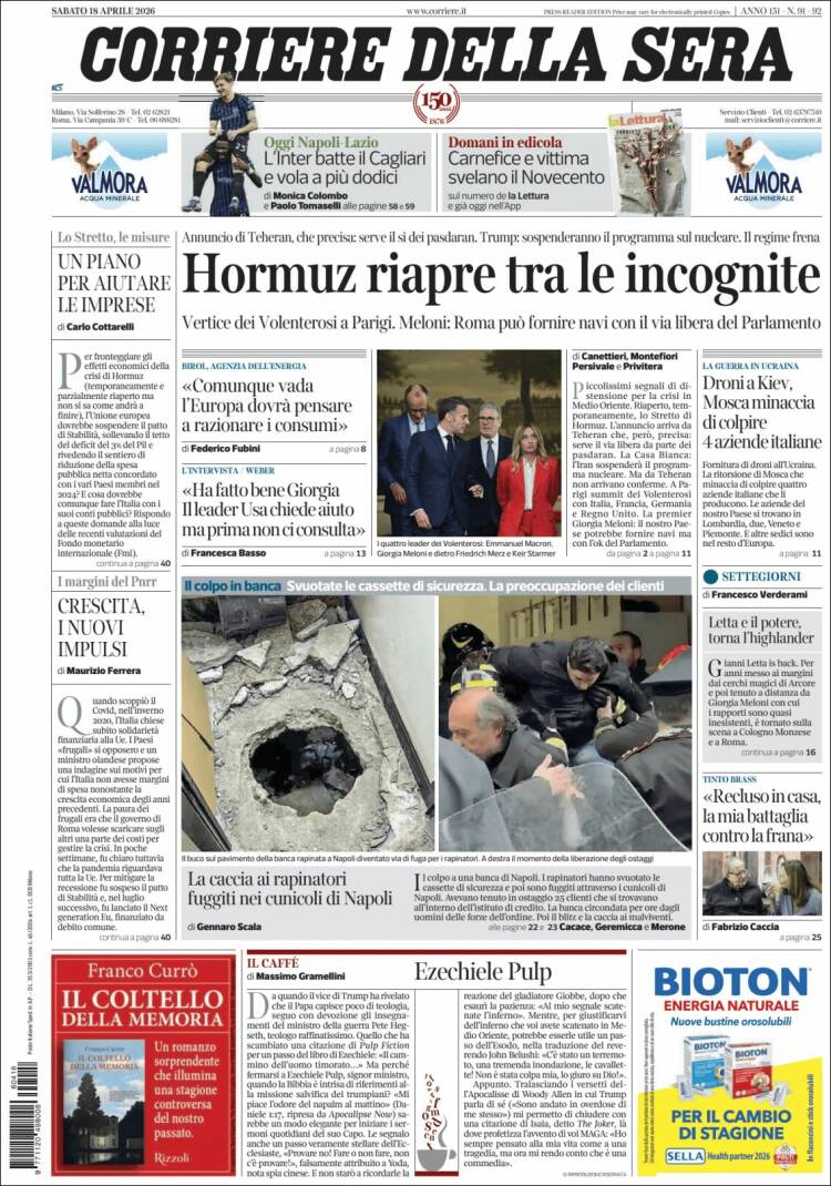 Portada de Corriere della Sera (Italia)
