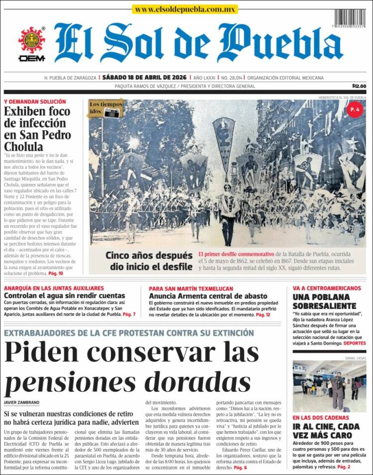 Portada de El Sol de Puebla (M&eacute;xico)