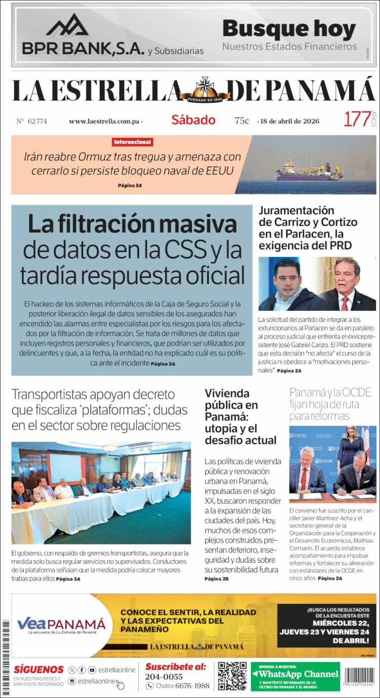 Portada de La Estrella de Panamá (Panam&aacute;)