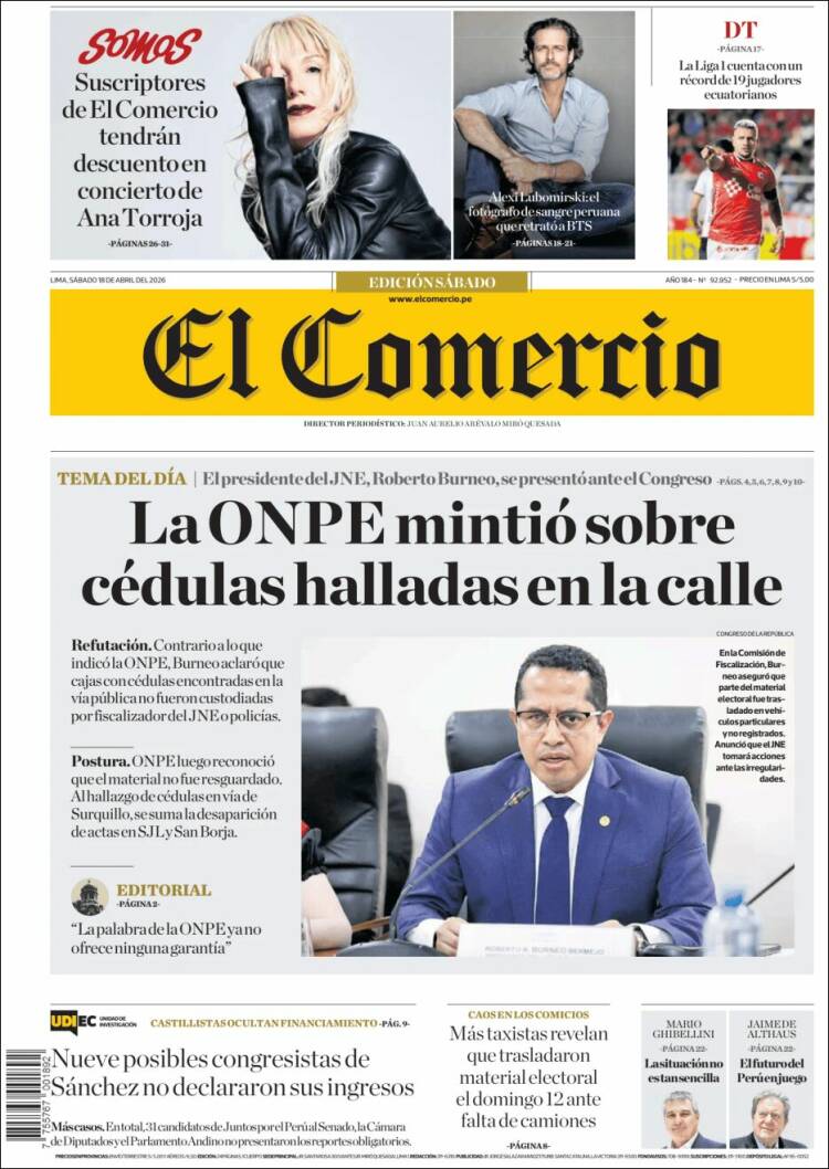 Portada de El Comercio (Per&uacute;)