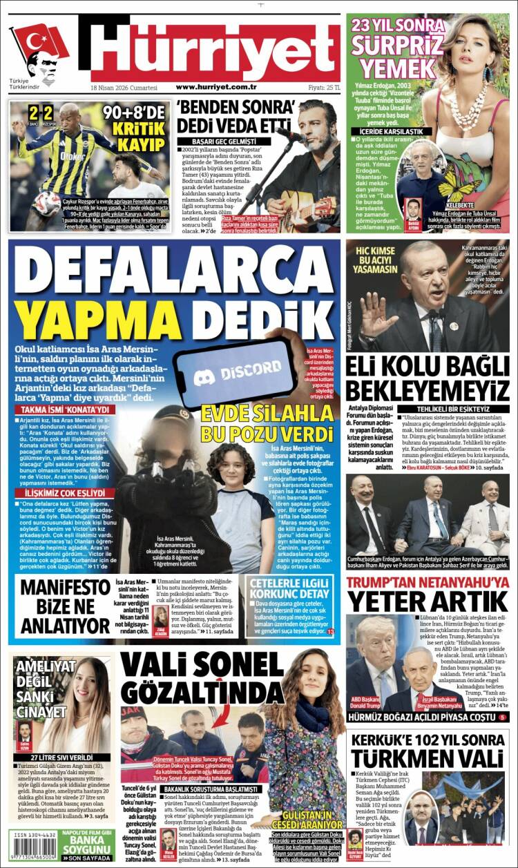 Portada de Hürriyet (Turqu&iacute;a)