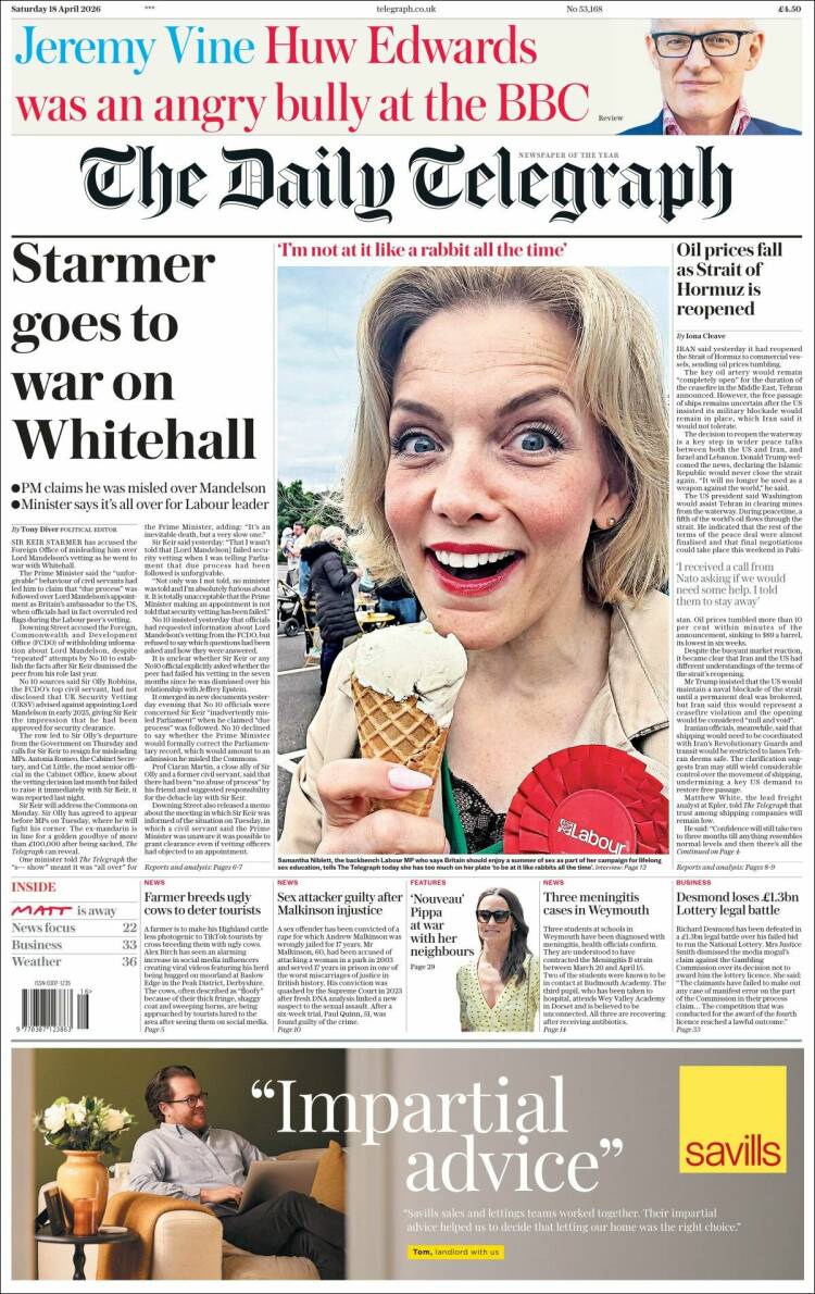 Portada de Daily Telegraph (Reino Unido)