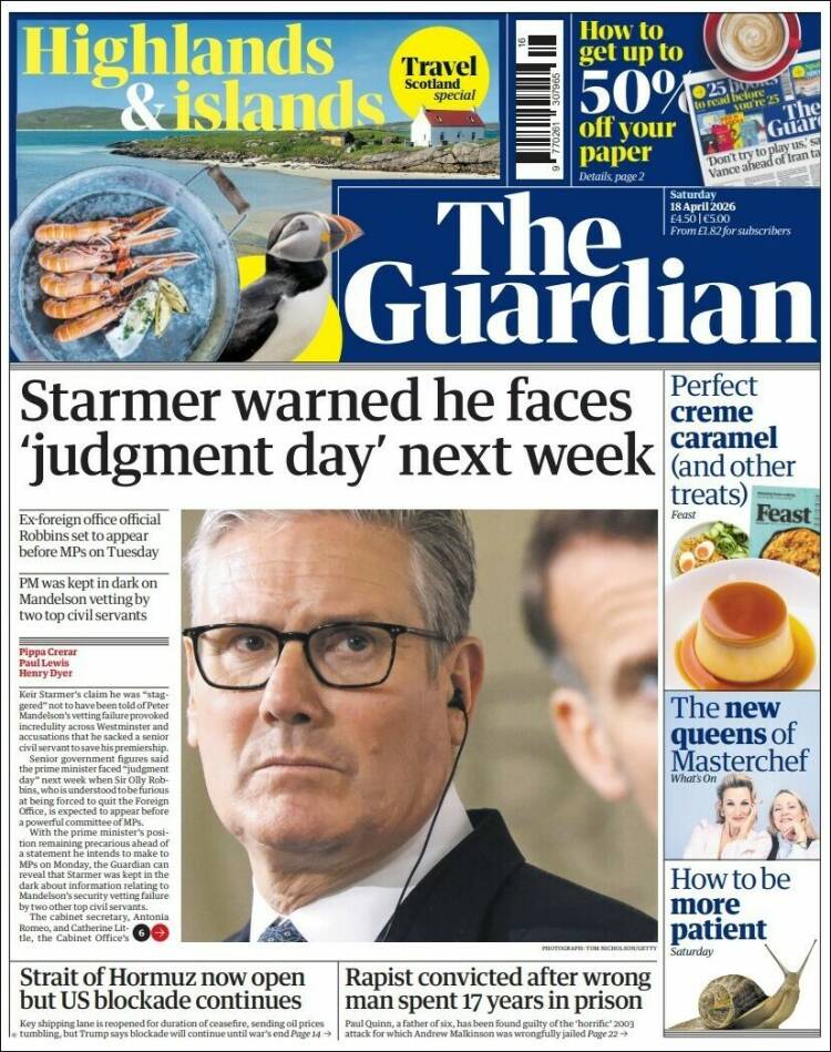 Portada de The Guardian (Reino Unido)