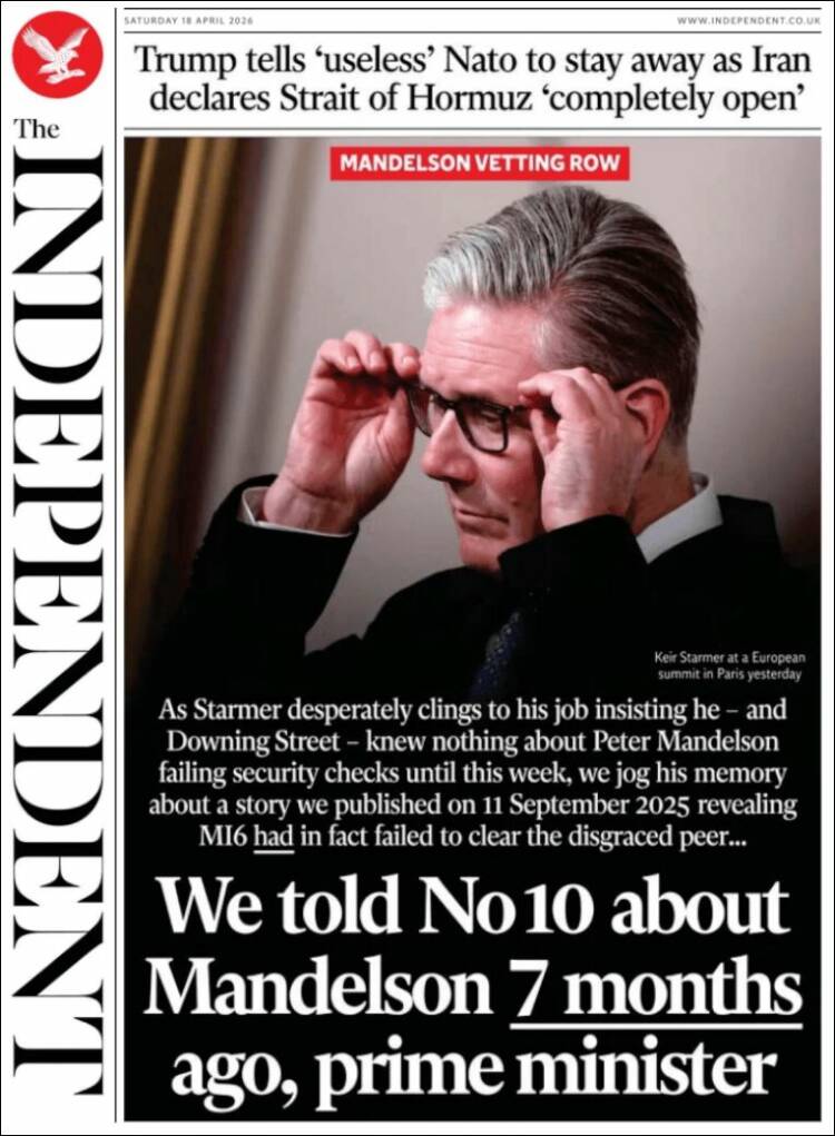 Portada de The Independent (Reino Unido)