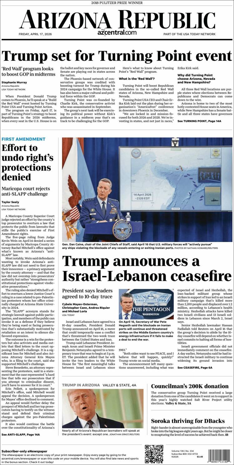 Portada de Arizona Republic News (USA)