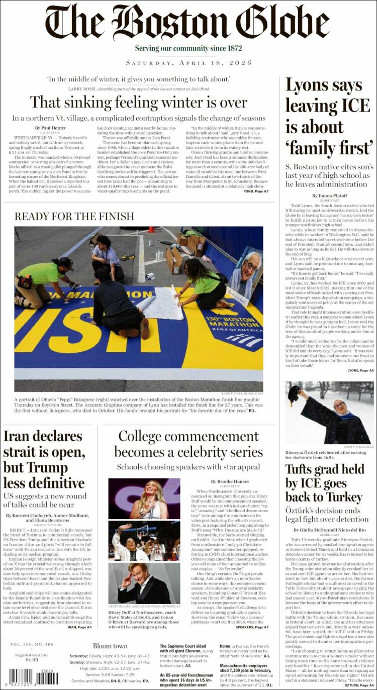 Portada de Boston Globe (USA)