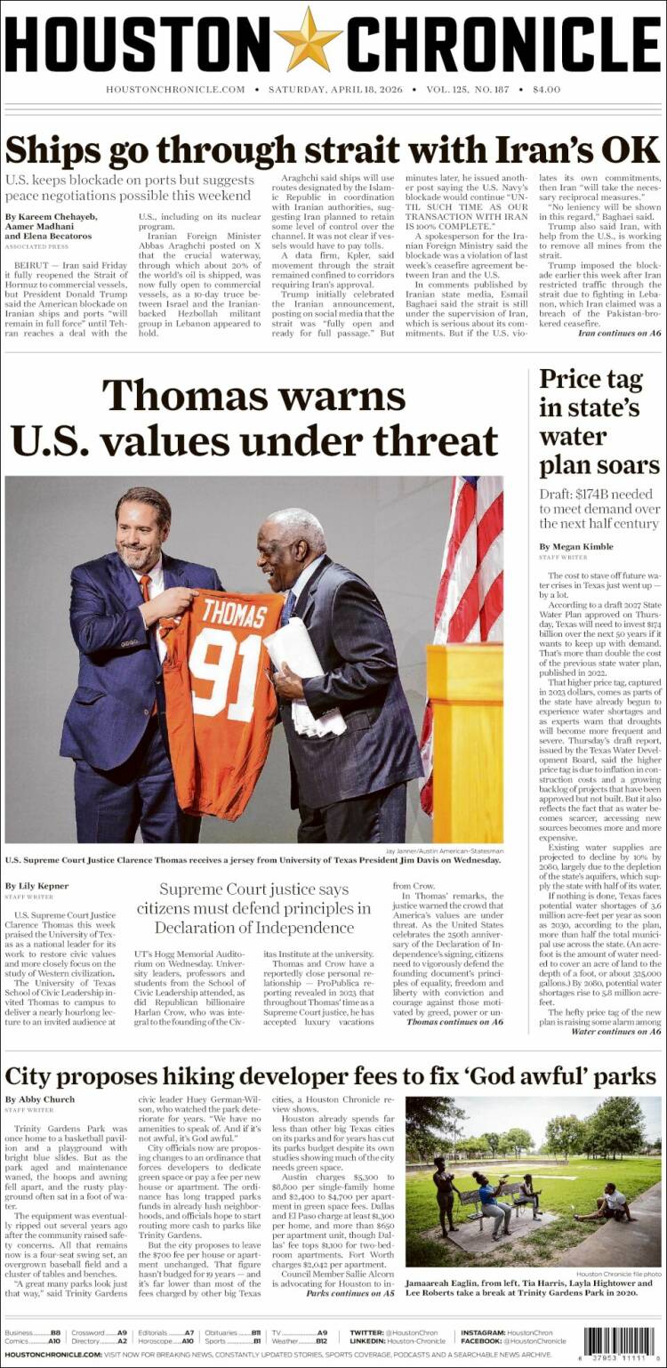 Portada de Houston Chronicle (USA)