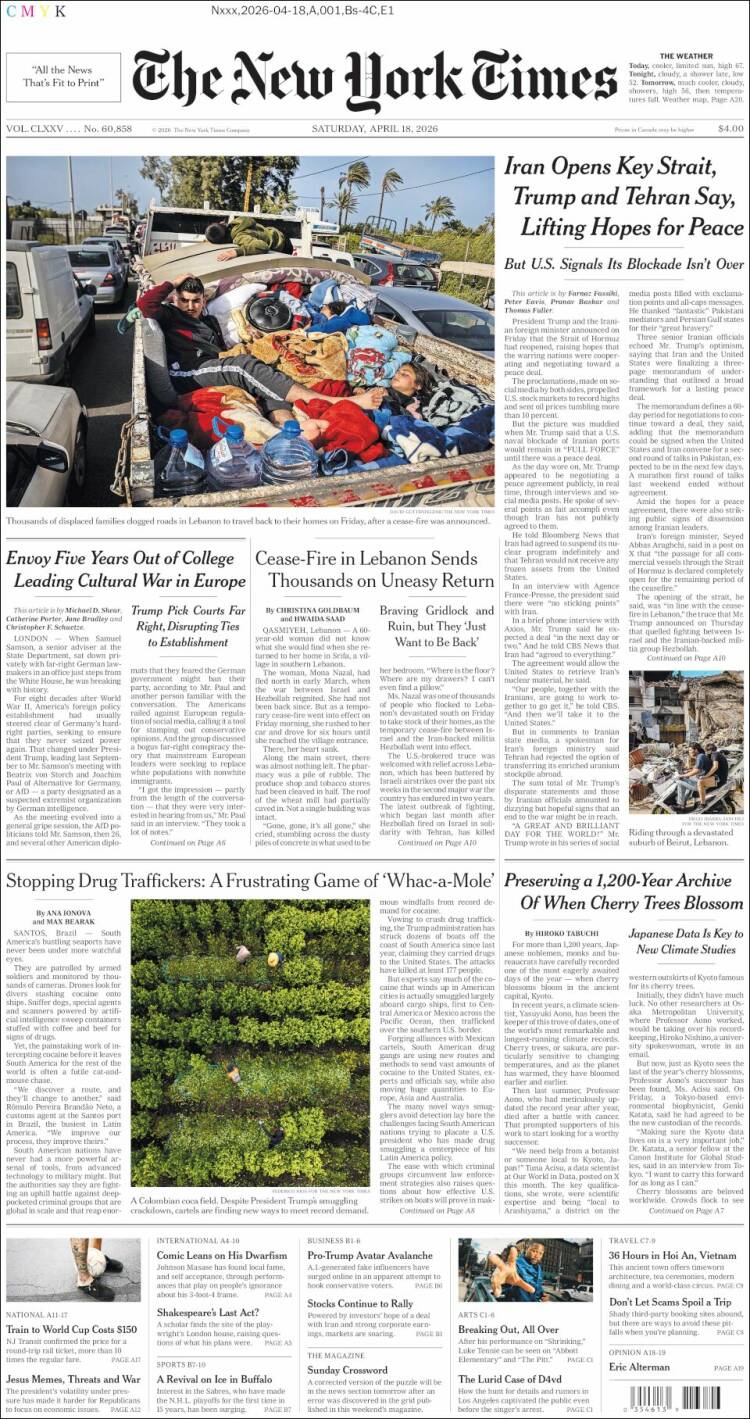 Portada de New York Times (USA)