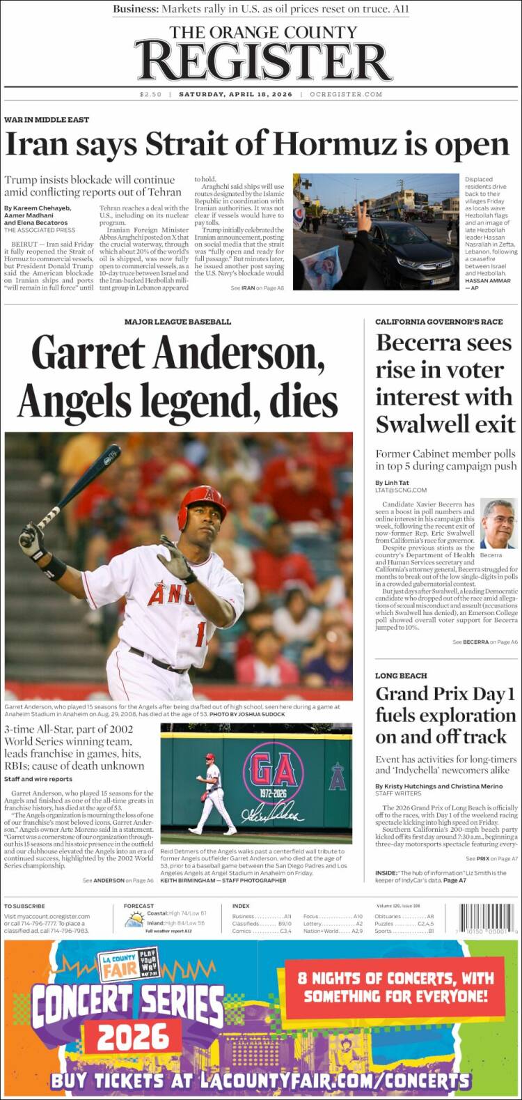 Portada de The Orange County Register (USA)