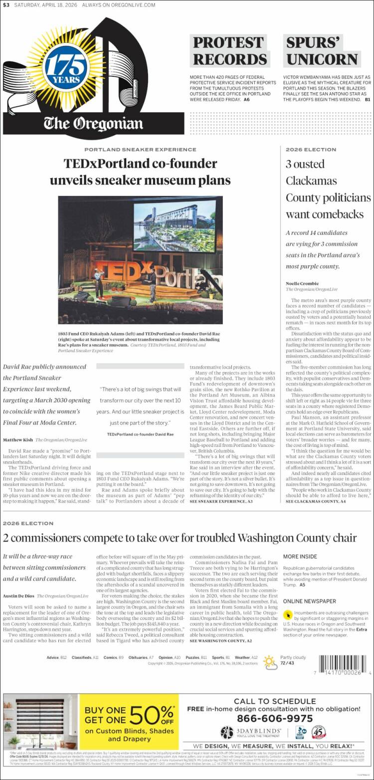 Portada de The Oregonian (USA)