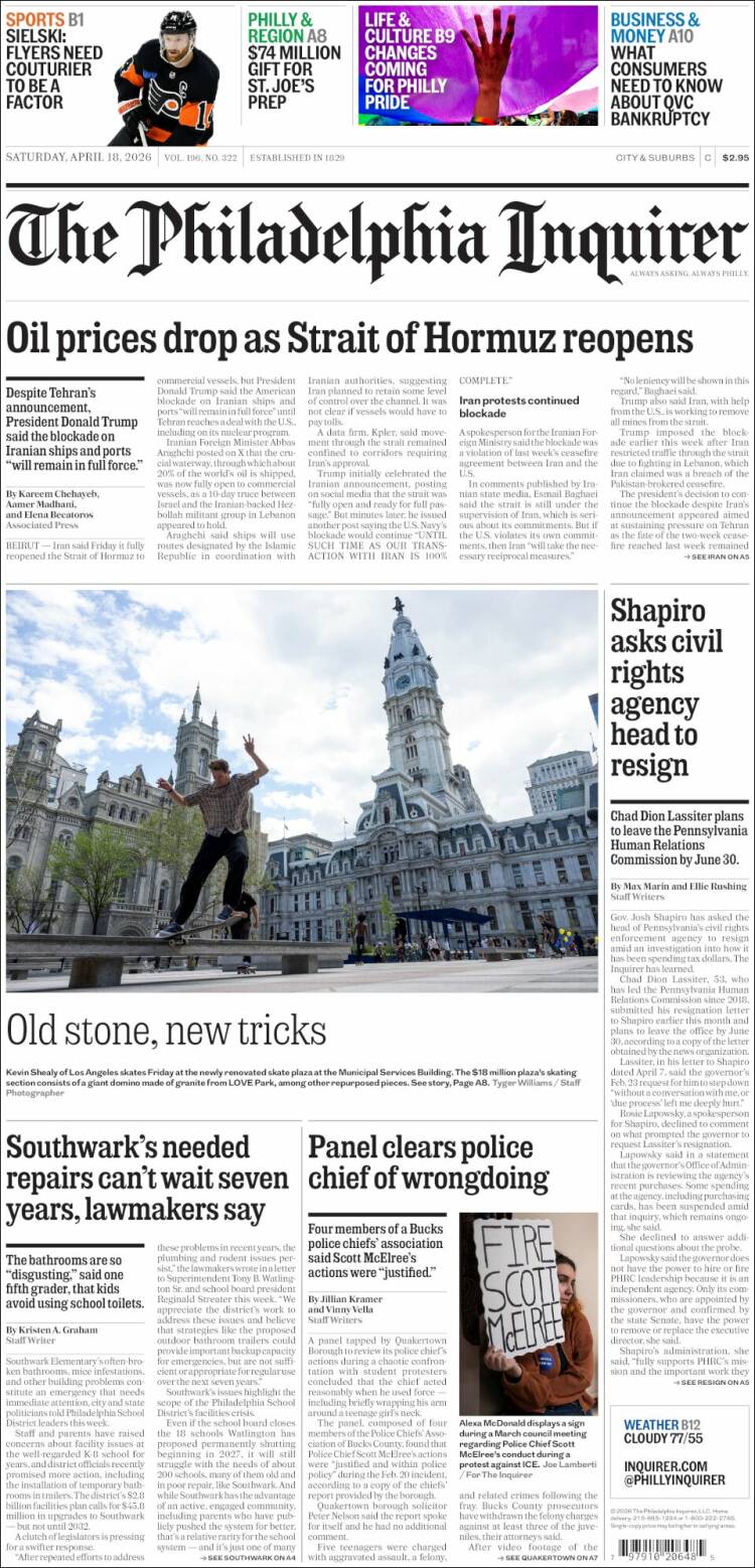 Portada de Philadelphia Inquirer (USA)