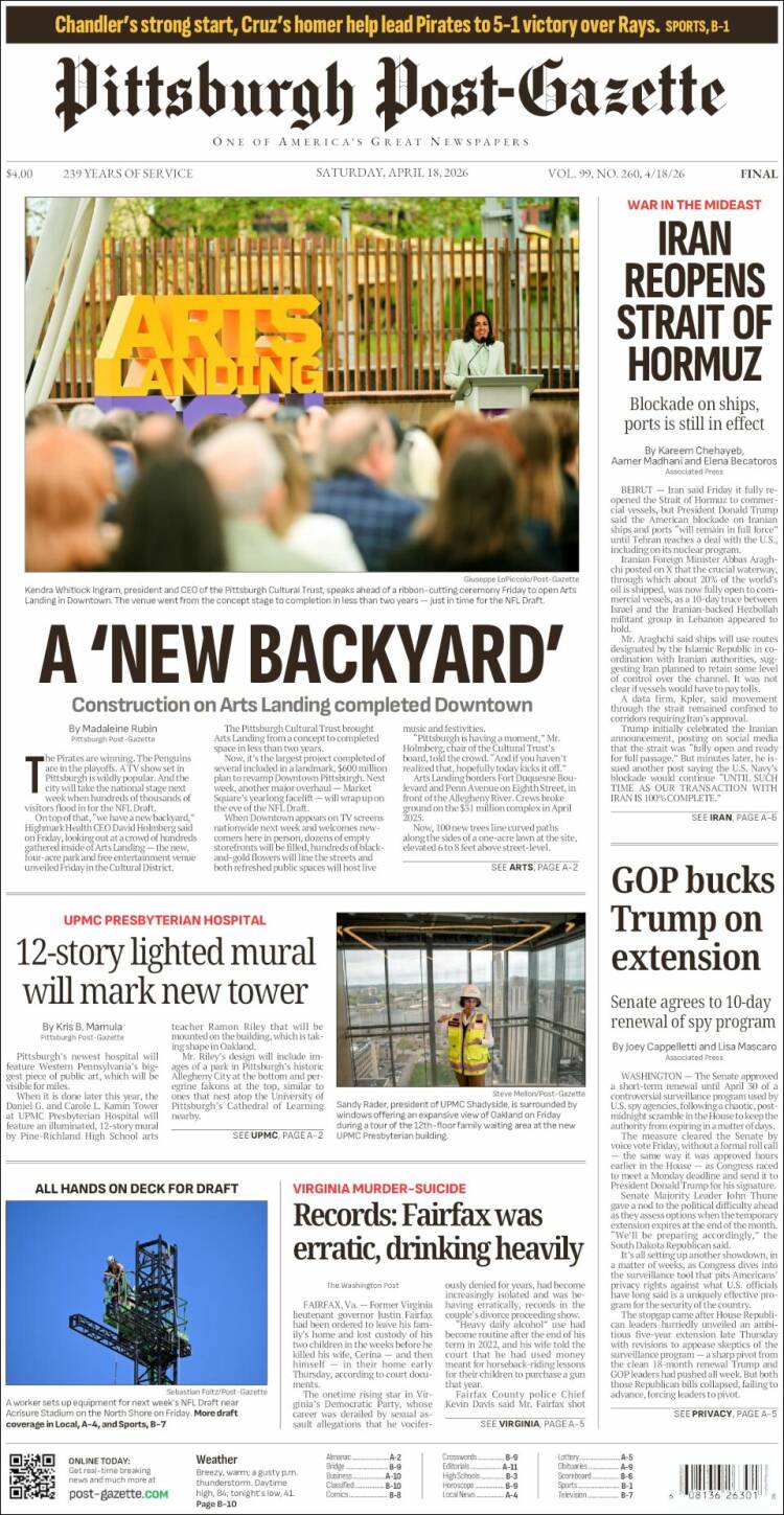 Portada de Pittsburgh Post-Gazette (USA)