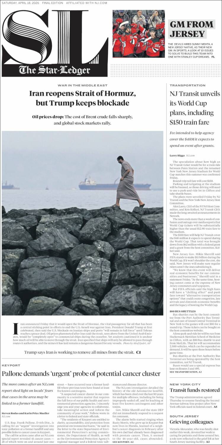 Portada de Star-Ledger (USA)