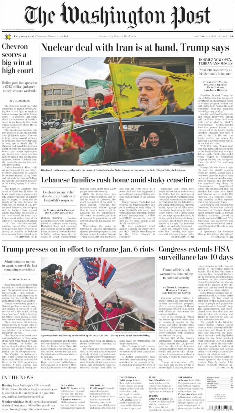 Portada de The Washington Post (USA)