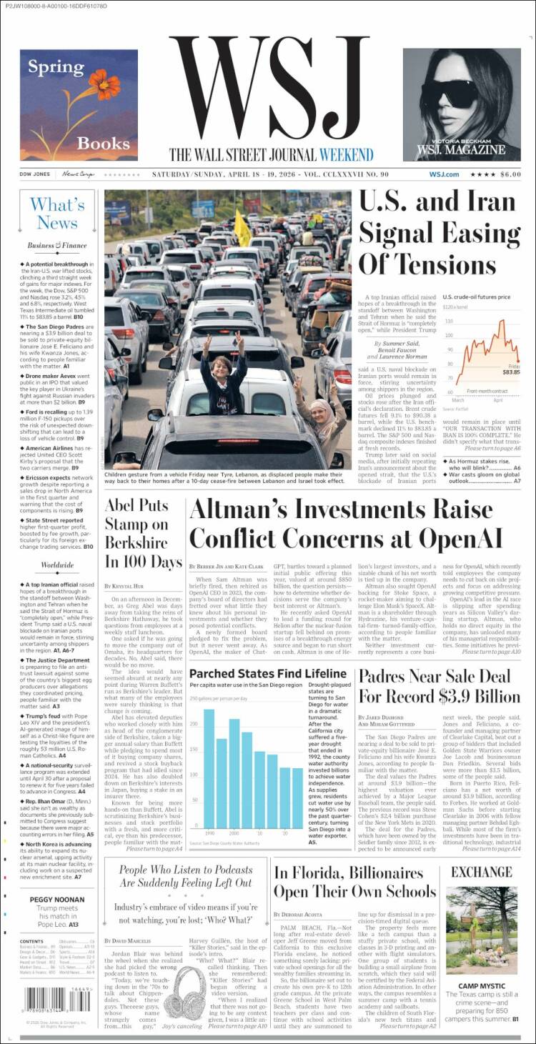 Portada de Wall Street Journal (USA)