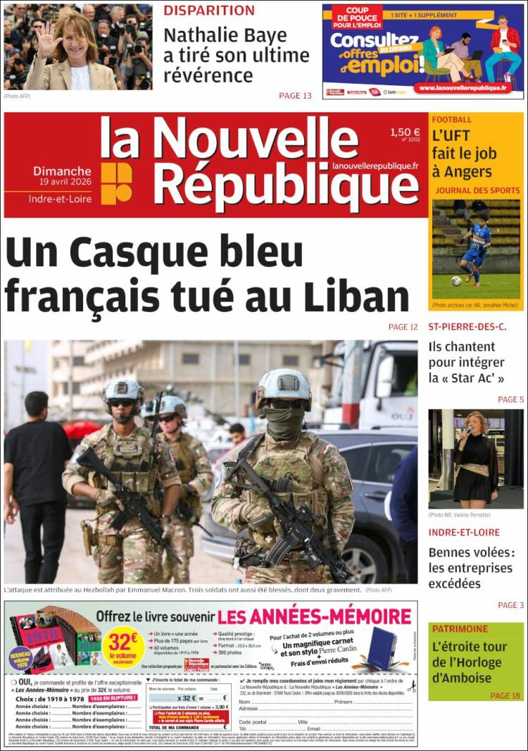 Portada de La Nouvelle Republique (Francia)