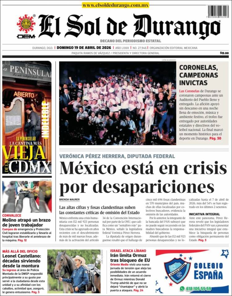 Portada de El Sol de Durango (M&eacute;xico)