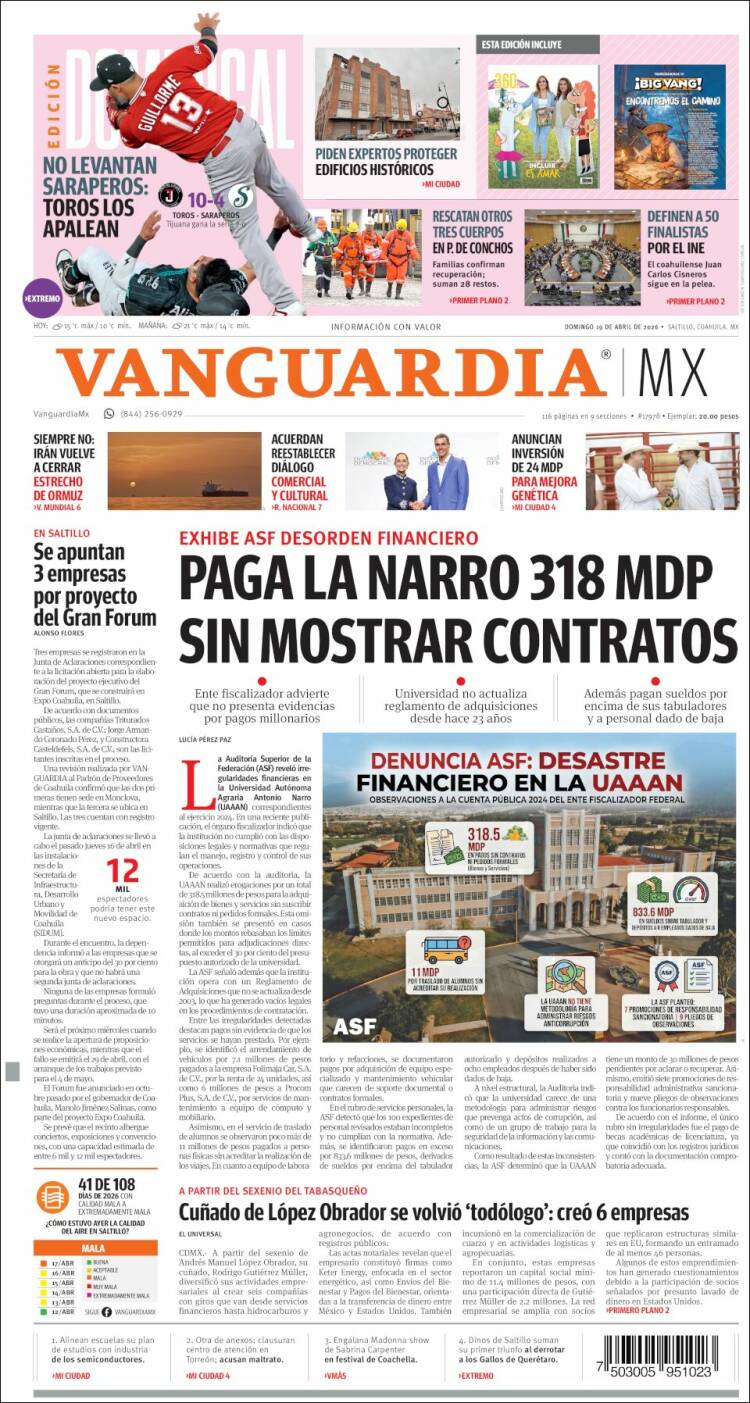 Portada de Vanguardia (M&eacute;xico)