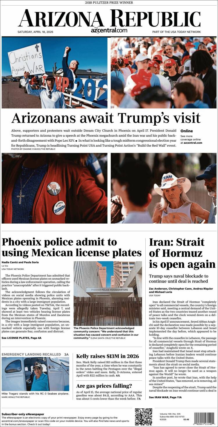 Portada de Arizona Republic News (USA)