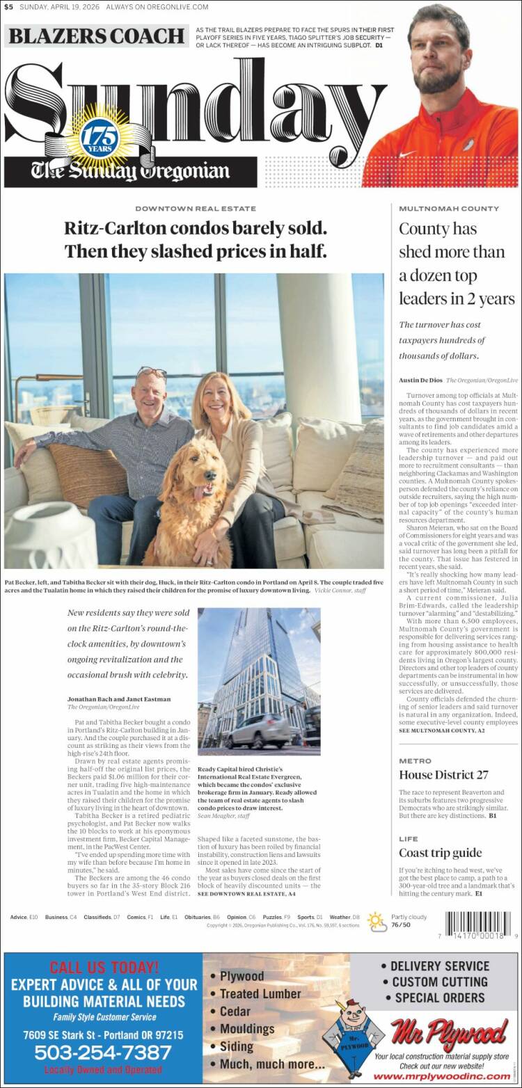 Portada de The Oregonian (USA)